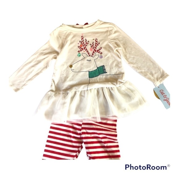 Cat & Jack Baby Girls Christmas Reindeer Striped 2 pc Outfit Set Size 18M - Picture 5 of 14